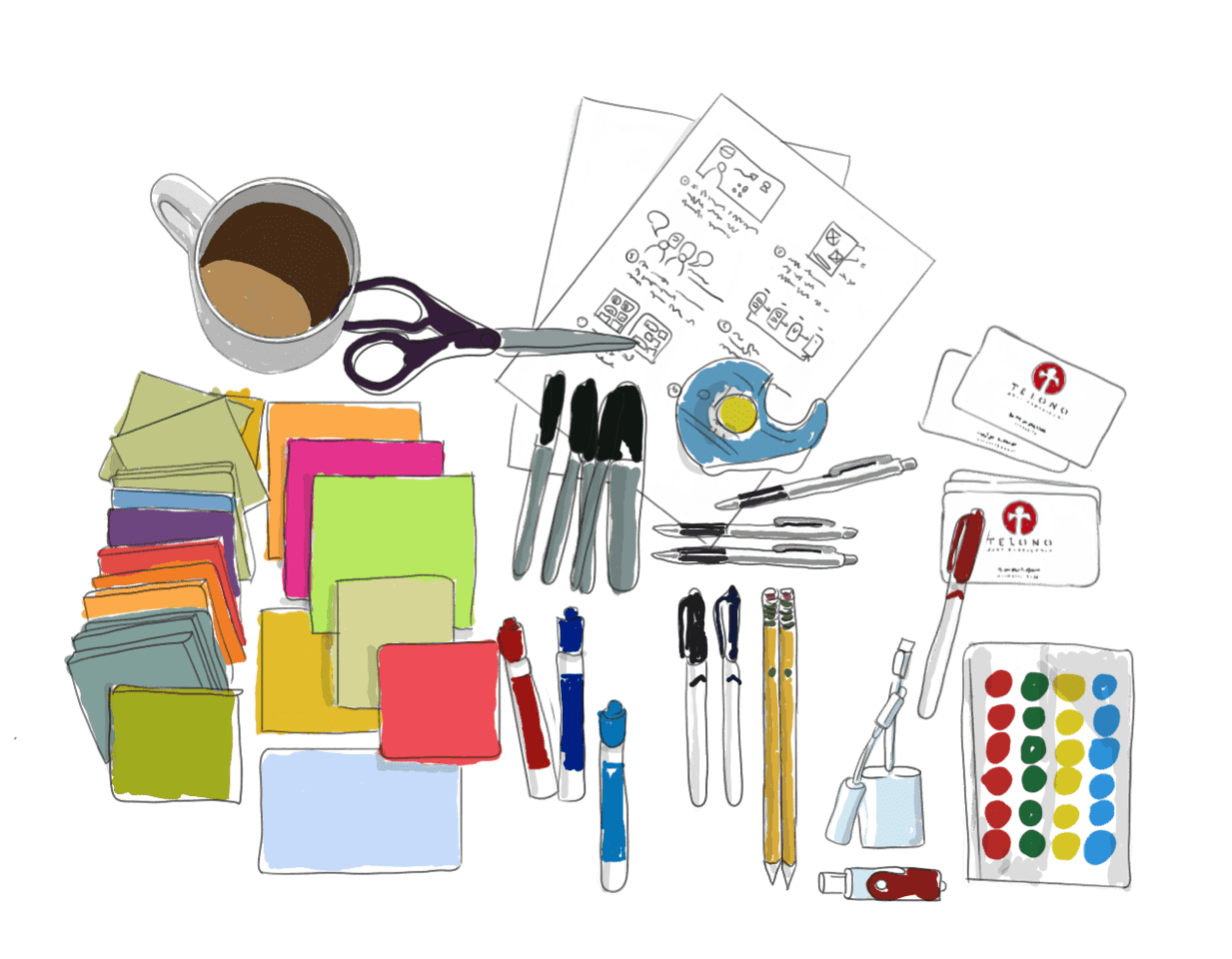 Illustration montrant des objets de bureaux : ciseaux, stylos, café etc